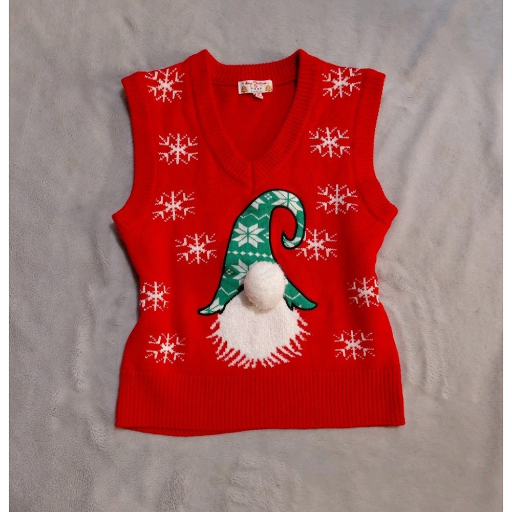 Merry Christmas by Poof NY Red Christmas Holiday Gnome Sweater Pom Pom Vest XS - Picture 8 of 8